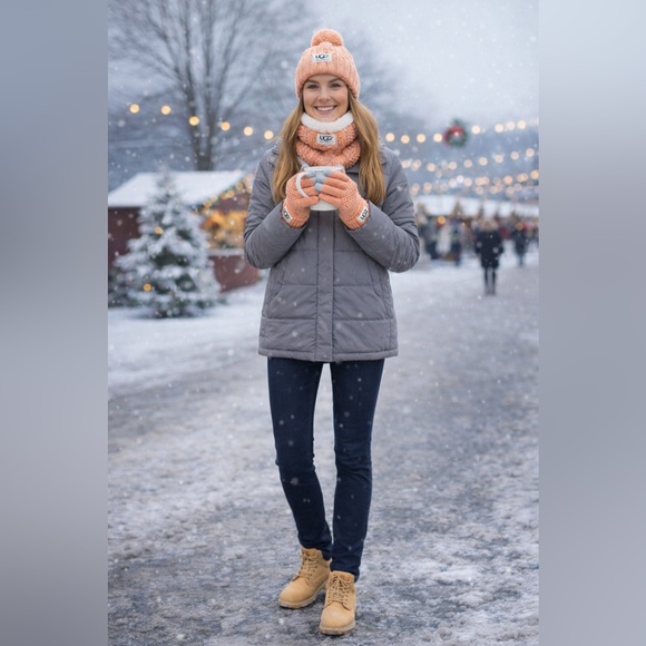 UGG Australia Pink Knit Hat Scarf & Gloves Set Pom Pom NWT Winter Touchscreen - Picture 3 of 9